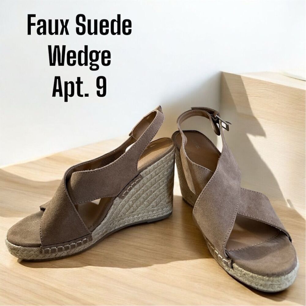 Apt. 9 Women's Neutral Brown Faux Suede Espadrille Wedge Bohemian Sandals Shoes